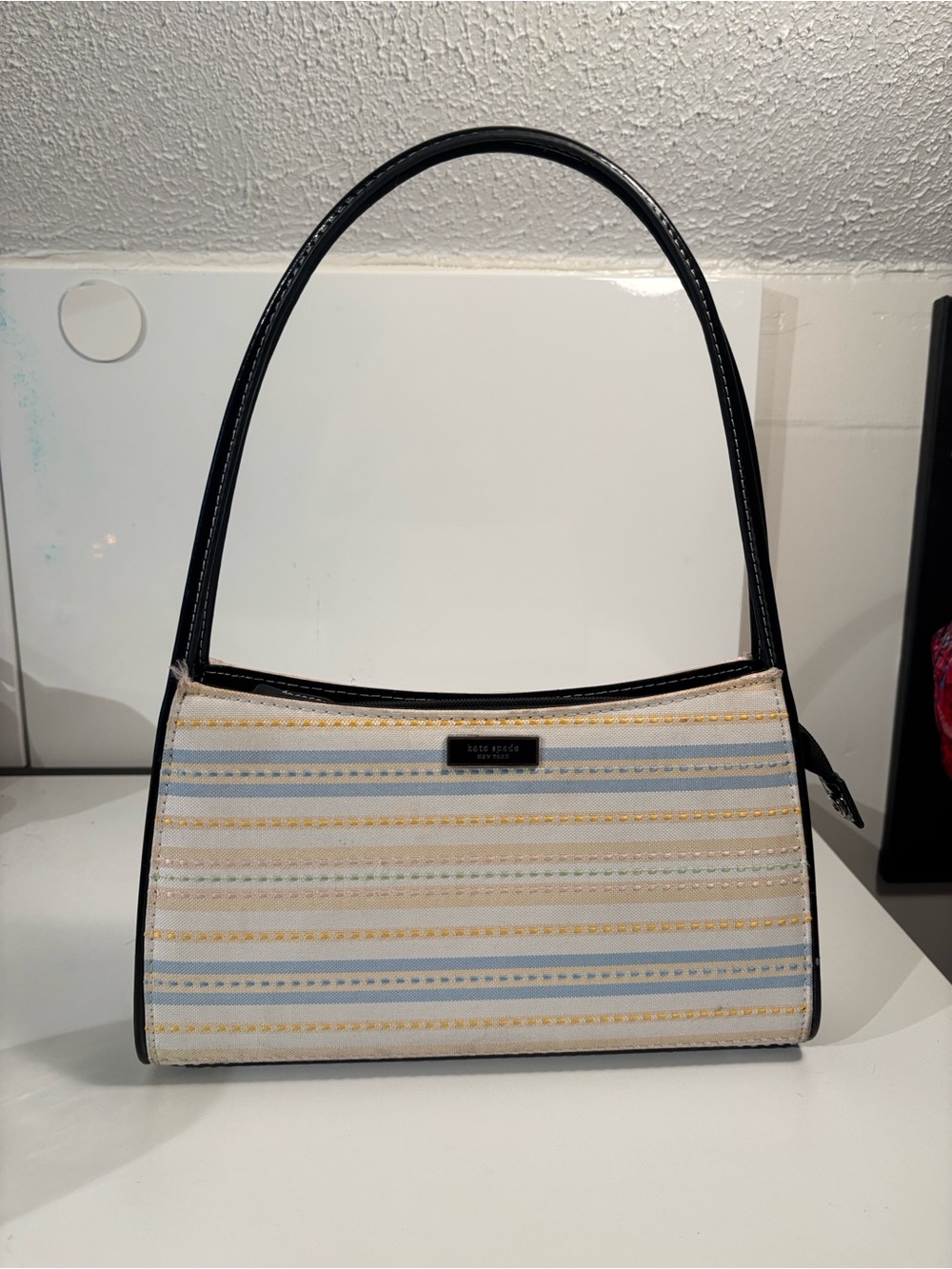 Kate Spade Striped Baguette Shoulder Bag in White, yellow and Light Blue